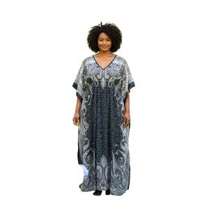 MPH‎ Collection Navy Blue White Paisley Kaftan Maxi Dress V-Neck Kimono Sleeve L